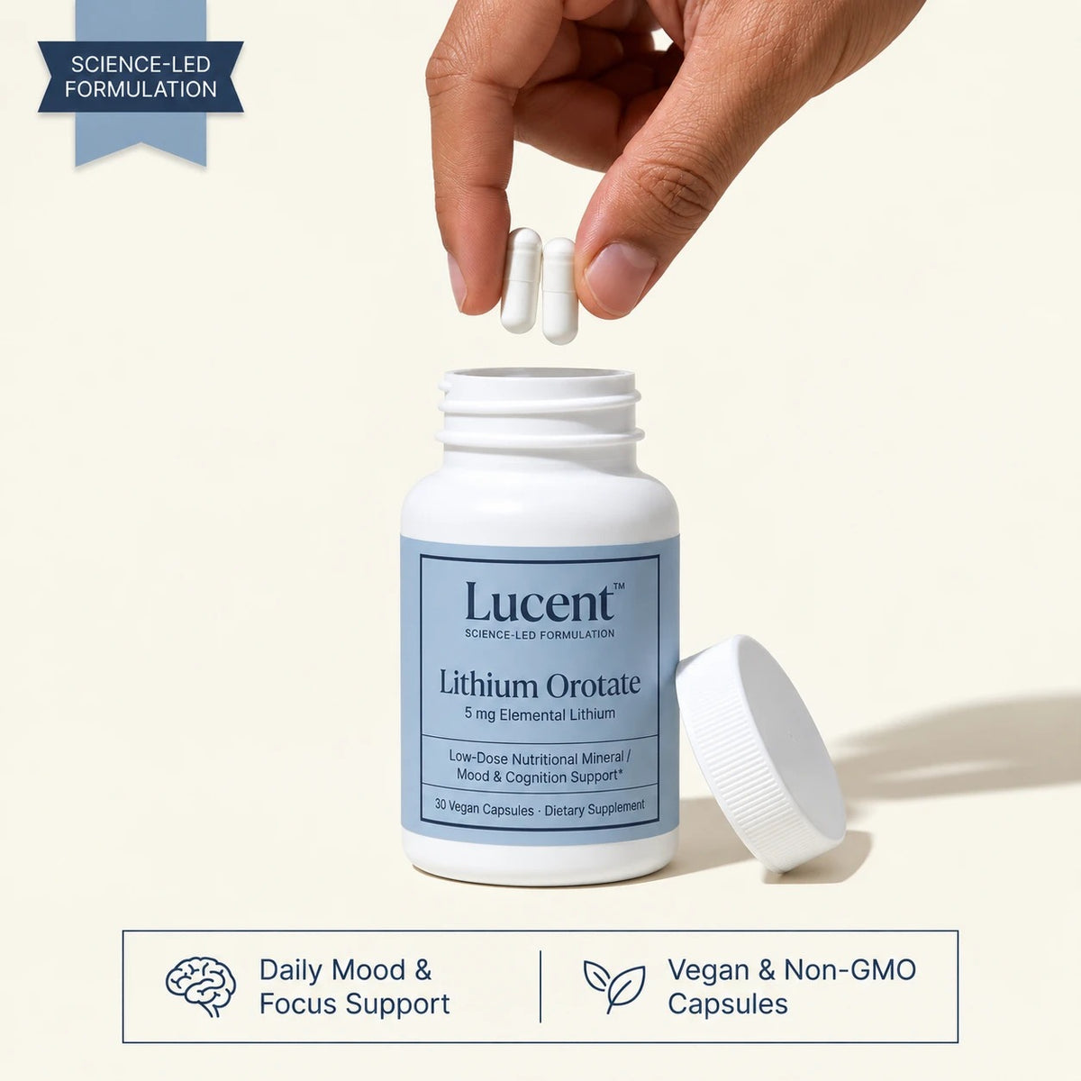 Lucent Lithium Orotate, 30 vegan capsules, hand dropping two capsules into the open bottle